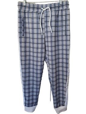 Pants Joggers Pull-On Drawstring Plaid Pockets Men 2XLG White /Blue JIAN WANG